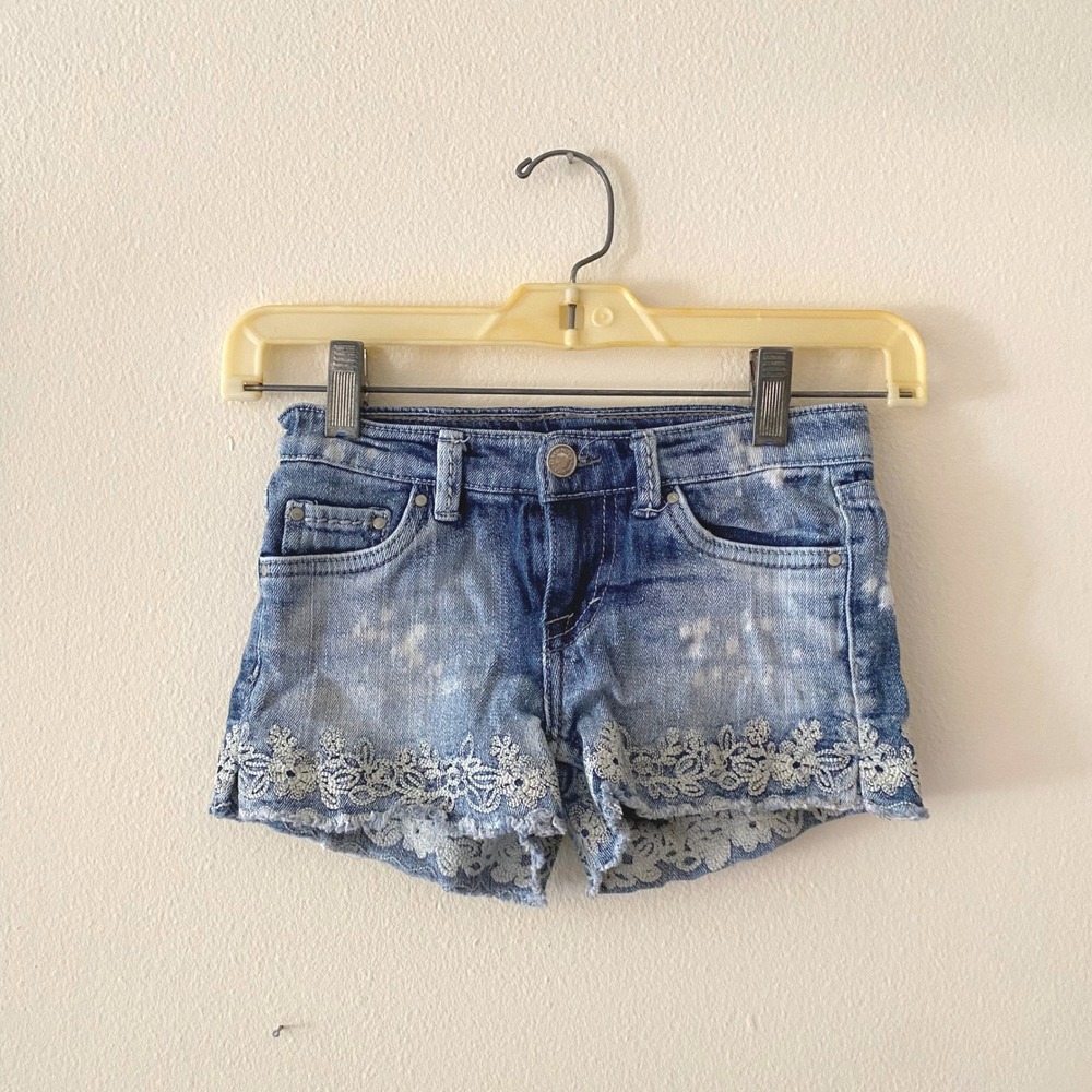 Y2K Levis Lace Trim Bleach Splatter Blue Denim Shorty Shorts 8 Girls Reg Fairy